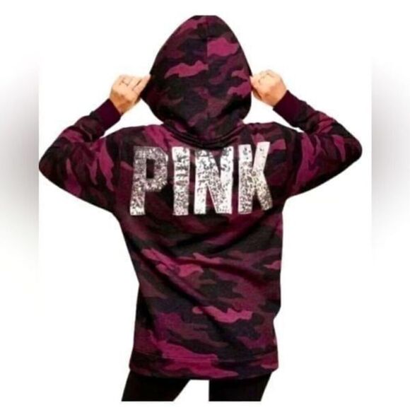 PINK Victoria's Secret Jackets & Blazers - Pink Vs camouflage red bling sequin Sherpa Hoodie hooded sweatshirt jacket Large